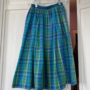 Vintage A-Line Blue and Green Pleated Midi Skirt